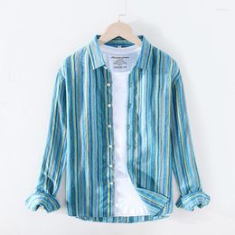Men's Casual Shirts 2023 Striped Long Sleeve Shirt For Men Pure Linen Turn-down Collar Tops Male Vintage Clothing Smart
