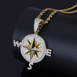 Iced Out Compass Pendant Necklace Bling Cubic Zircon Chains High Quality Hip Hop Gold Silver Colour Charm Jewellery Gifts243N