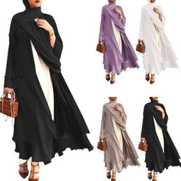 Ethnic Clothing Muslim Long Sleeve Flowy Maxi Cardigan Islamic Open Front Kimono Abaya Robe Turkey Kaftan Solid Color Belted Loose2396