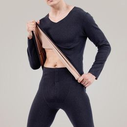 Men's Thermal Underwear 2 Pcs Men Winter Set Seamless Plush Double-sided Heating Skinny Elastic V Neck Casual Pyjamas Bottoming Clothes