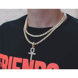 Hip Hop Iced Out Ankh Cross Pendant Necklace 4mm Tennis Chain Micro Pave Cz Stones G wmtsTW whole2019256b