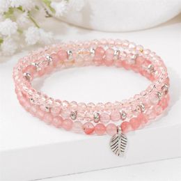Charm Bracelets 3Pcs/Set Crystal With Silver Colour Beads Leaf Pendant Watermelon Quartzs Blue Chalcedony Bracelet Jewellery For Women