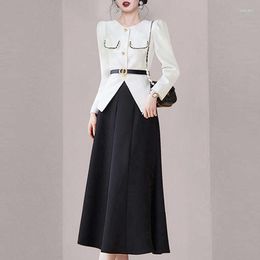 Two Piece Dress Spring Autumn Elegant Women Sets Retro Office Lady Outifits White Coats Top And Black A Line Skirts Korean Fashion Sweet