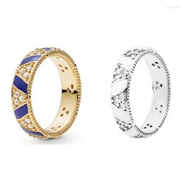Cluster Rings Authentic 925 Sterling Silver Sparkling Gold Stones And Stripes Blue Enamel Ring For Women Wedding Party Europe Fashion