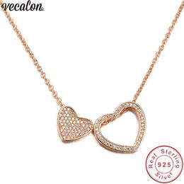 Vecalon Double Heart Shape pendant 925 Sterling silver 5A zircon Wedding Engagement Pendants with necklace for Women Jewelry262b