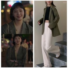 Women's Suits Kpop Korean Dramas Women Loose Blazers Jacket Autumn Office Long Sleeves Coat Female Solid Color Outerwear Button Casual