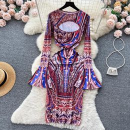 Casual Dresses Chic Elegant Print Hollow Out Dress Sexy French Vestidos Flare Long Sleeve High Waist Women Spring Autumn Pencil