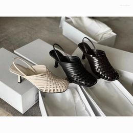 Sandals Woven Casual Fashion Open Mouth All-match Genuine Leather Muller Baotou High-heeled Half-trail Shoes