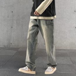 Men's Jeans Denim Pants Solid Colour Wide Leg Straight Mid Waist Pockets Bottoms Loose Fit Zipper Men Clothes Casual Male Trousers