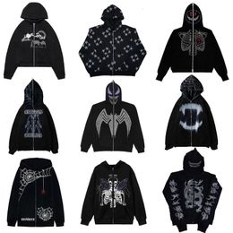 Men's Hoodies Sweatshirts Fashion -selling Rhinestones Spider Web Skeleton Print Black Y2k Goth Long-sleeve Full Zip Hoodies Oversized Jacket Hoodies 230928