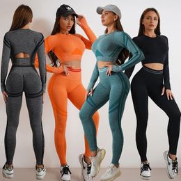 Yoga Outfit Seamless Yoga Sets Sports Fitnes High Waist Hip Raise Pants Long-Sleeved Backless Suits Workout Clothes Gym Shorts Set for Women 230928