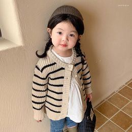 Jackets Children's Wear 2023 Autumn Korean Stripe Knitted Cardigan Coat Girls' Single Breasted Round Neck Sweater