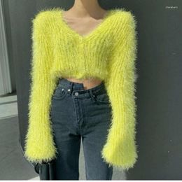 Women's Knits Women Yellow Mink Cashmere Knitted Cardigan V-neck Velvet Mohair Sweater Coat Long-sleeved Wild Plush Single-breasted Crop