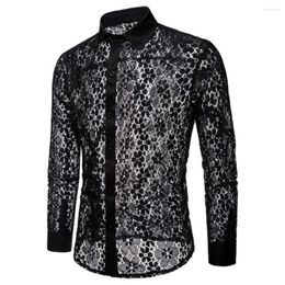 Men's Casual Shirts Solid Colour Men Long Sleeve Shirt Sexy Lace See Through Clubwear Button Down Soft And Skin-friendly