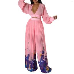 Ethnic Clothing 2 Piece Set African Clothes Crop Tops And Pleated Wide Leg Pants Suit Fashion Print Streetwear Sexy Elegant Outfits