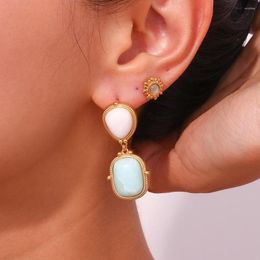 Hoop Earrings French Vintage Stainless Steel Geometric Natural Amazonite Stud For Women Jewellery Accessories