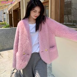 Womens Fur Faux Real Coats Women Winter Casual VNeck Pocket BluePinkWhite Lamb Wool Shearling Coat Short Slim Cardigan Sweater Jackets 230928