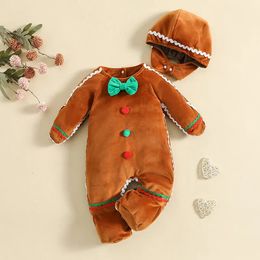 Rompers born Baby Gingerbread Man Rompers Hat Christmas Lovely Plush Long Sleeve Footed Jumpsuit For Infant Girl Boy Costume 230928