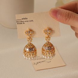 French Vintage Micro Inlaid Zircon Wind Chime Pearl Earrings Light Luxury and Elegant Elegant Temperament Silver Needle Jewellery Suitable for Women