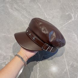 Leather Hat Brown Military Captain Hat Women Leather Newsboy Cap Beret newsboy military style army cap/hat