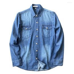 Men's Casual Shirts Trendy Mid Length Autumn Denim Shirt Turn-down Collar Match Pants