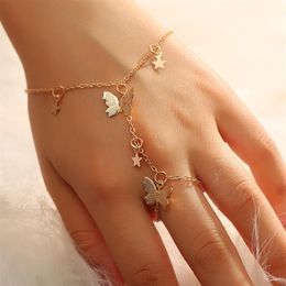 Charm Bracelets Design Gold Colour Star Butterfly Bracelet For Women Fashion Connected Finger On Hand Female Ring Boho Jewellery Gift230G