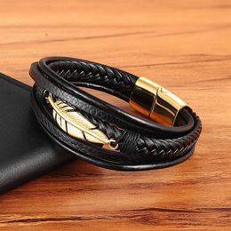 Charm Bracelet Men Multilayer Leather Braided Rope Stainless Steel Feather Leaf Magnetic Clasp Bangle Punk Jewelry with a velvet b289V