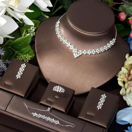 Necklace Earrings Set HIBRIDE Statement Leaf Drop Cubic Zirconia Women Wedding Party Costume For Brides N-174