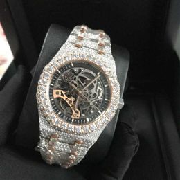 Wristwatches New Version Skeleton VVS1 Diamonds Watch PASS TT Rose Gold Mixed Sier Top quality Mechanical ETA movement Men Luxury 295y