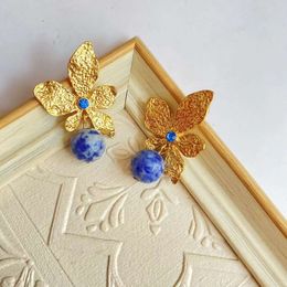 Palace style light luxury gilded flower temperament lapis lazuli elegant medieval earrings