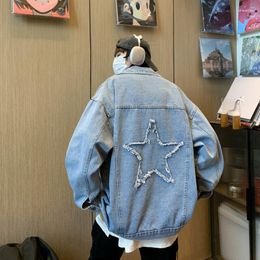 Men's Jackets American Style Niche Star Patch Denim Jacket Embroidered Retro Cuasal Loose High Street Men Tops Male Clothes