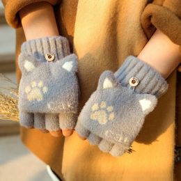 Cat Claw Mink Gloves Fingerless Flip Mittens Winter Warm Wool Touchscreen Gloves Flap Cover Men Knitting Mitten Women Men Glove