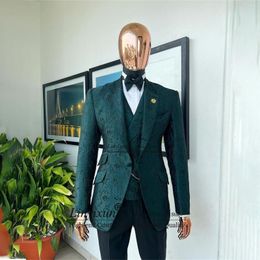 Men's Suits Fashion Green Jacquard Men Notch Lapel Groom Tuxedos 3 Pieces Set Male Prom Party Blazers Slim Fit Wedding Costume Homme