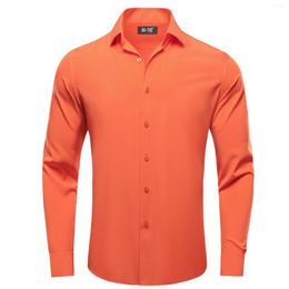 Men's Casual Shirts Hi-Tie Orange Silk Mens Solid Formal Lapel Long Sleeve Male Blouse Suit Shirt For Wedding Business Breathable Oversized