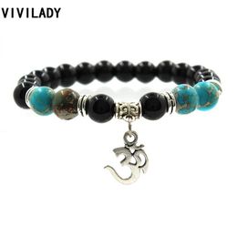 Whole- VIVILADY Bohemian OM Yoga Charms Tiger Eye Stone Resin Turquoise Beads Elastic Cuff Bracelets&Bangle Pulseras Hombre Wo256S
