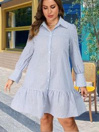 Plus Size Dresses Autumn Blue Striped Shirt Dress Outfits Casual Elegante Party