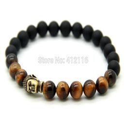 2015 New Design Jewellery Whole 8mm Tiger Eye Stone Beads with Matte Agate Antique Bronze Yoga Buddha Bracelets Mens Bracelet253q