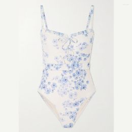 Women's Swimwear 2023 Fashion Summer Beach Outfits Floral Print Blue Beachwear One-Piece Swimsuit Backless Whole Sexy Bathing Suit