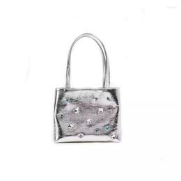 Evening Bags Silver Black Women Tote Bag 2023 Y2K Cool Girl Fashion PU Leather Diamond Handbag With One Strape Shoulder Crossbody