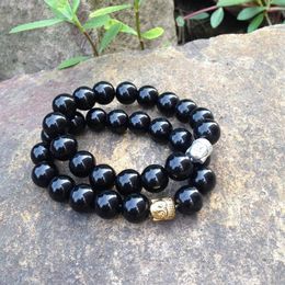 SN0366 Natural Stone Fashion 12mm Black Beads Stone Bracelet Men Mala Yoga Buddha bracelet christmas gift Jewellery 295t