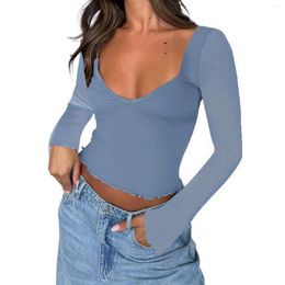 Women's T Shirts Womens Sexy Sweetheart Neck Crop Tops Y2k Low Cut Sheer Mesh Long Sleeve Solid Basic Slim Fitted Tee