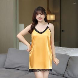 Women's Sleepwear Large Size Women Sexy Lingerie Lace Satin Silk Sleep Dress Nightwear Sleeveless Nighties Summer Thin V-neck Nightgowns