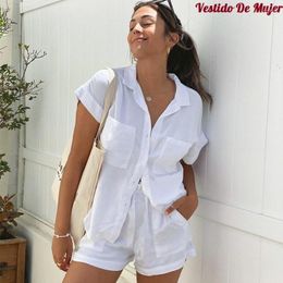 Women's Tracksuits Sets For Women 2 Pieces 2023 Summer Cotton Two Piece Set Tracksuit Casual Outfit Suits White Shirt Blouse Tops Shorts