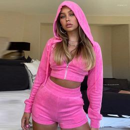 Women's Tracksuits Velvet Sweatsuit Two Piece Set For Women Short Suits Long Sleeve Hooded Zipper Crop Top And Shorts Casual Matching Sets