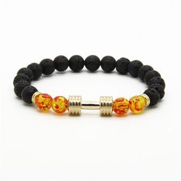 Men's Bracelets Whole New designs Metal New Barbell 8mm Amber Beads Lava Rock Stone Fitness Fashion Dumbbell Bracelets232R