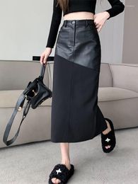 Skirts Senior Bust Black Skirt Autumn Winter Fashion PU Leather Splicing High Waist Loose Long Midi Women Street Y2k
