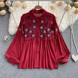 Women's Blouses Women Blusa Mujer Turn-down Collar Embroidery Floral Puff Sleeve Blouse Top With Belt Ethnic Style Blusas Vintage Drop