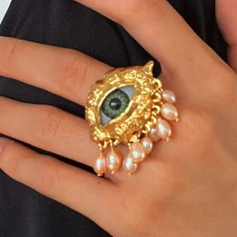 Wedding Rings HUANZHI Eye Freshwater Pearl Tassel Ring Vintage Gothic Party Y2K Jewelry Gifts for Women European American 2023 Trendy 230928