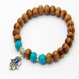 New Products Whole Quality 8mm Beaded Wood Beads Fatima Hand Hamsa Cheap Bracelets New OM Yoga Jewelry201A