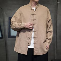 Men's Casual Shirts Chinese Shirt Spring And Autumn Loose Cotton Linen Style Literary Retro Tang Suit Plate Buckle
